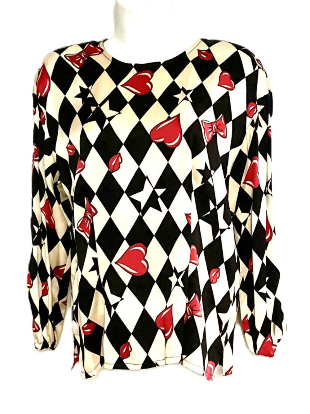 Vintage 100% Silk Harlequin Heart Print Blouse Top Size 6